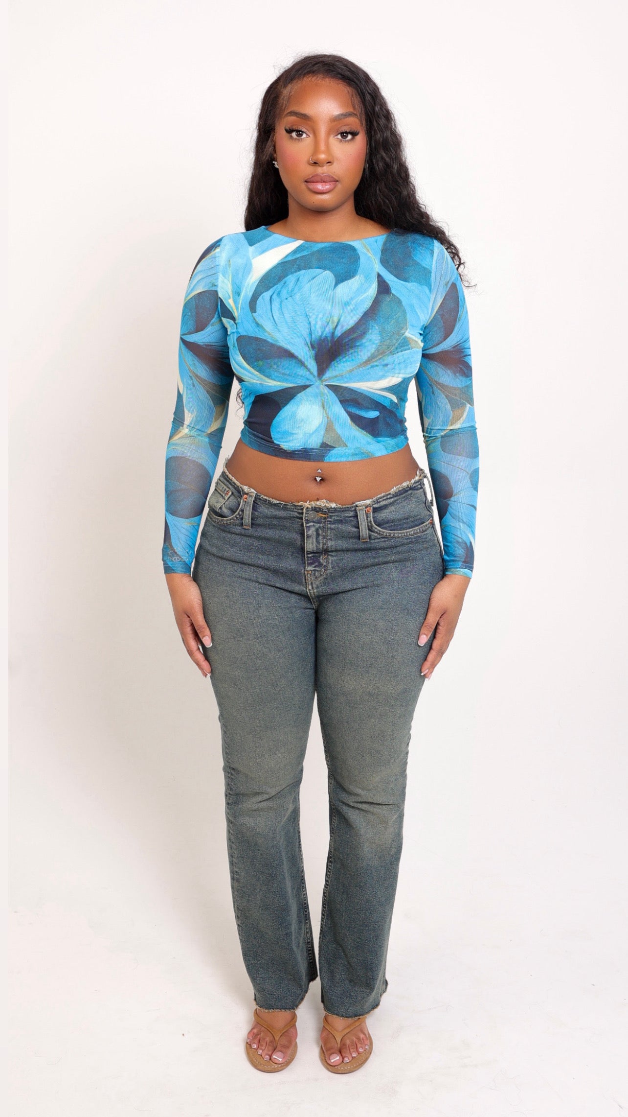 Fleur Long Sleeve Mesh Top - Blue Swirls