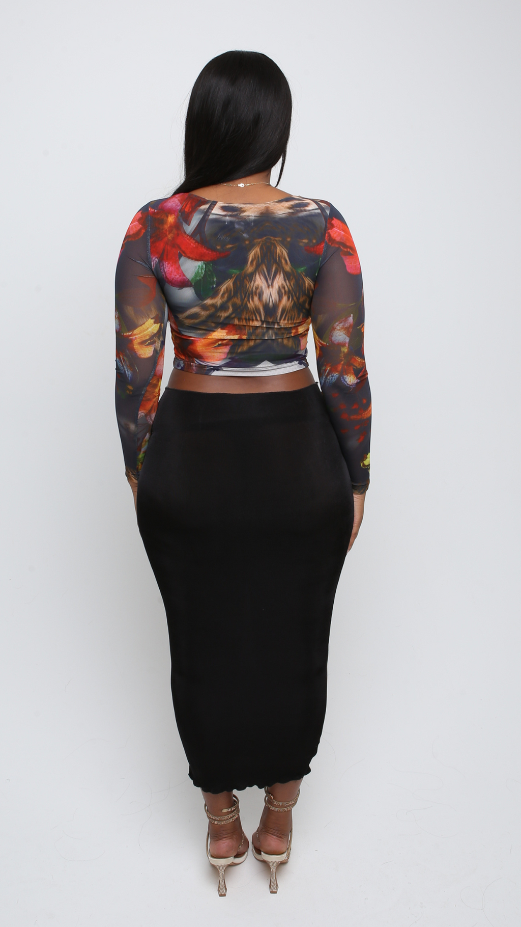 Fleur Long Sleeve Mesh Top - Midnight Blossom