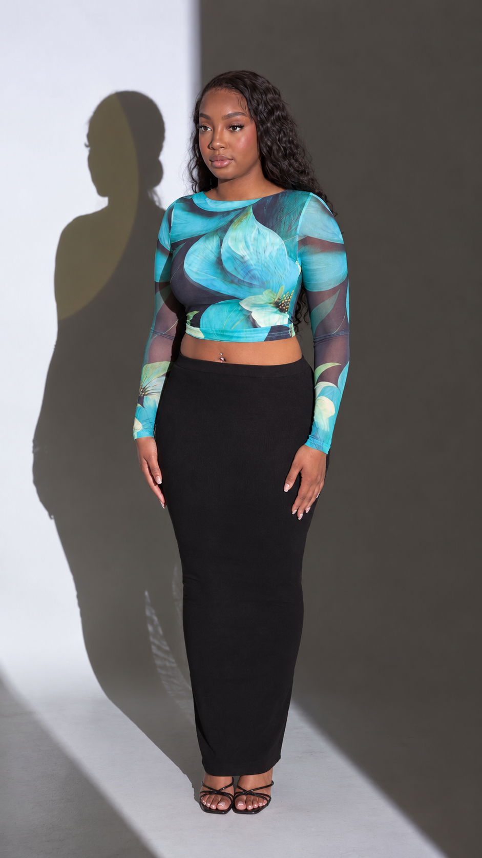 Fleur Long Sleeve Mesh Top - Ocean Lillies