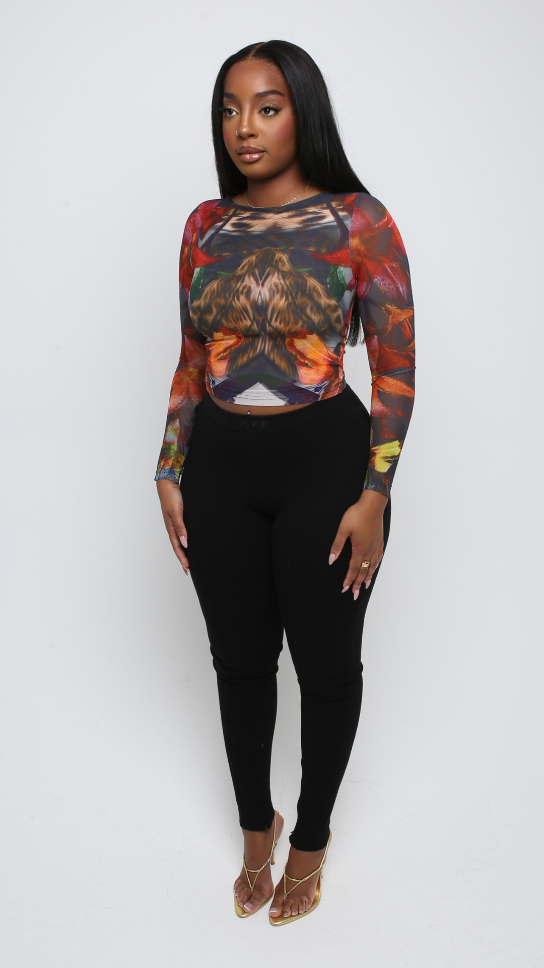 Fleur Long Sleeve Mesh Top - Midnight Blossom