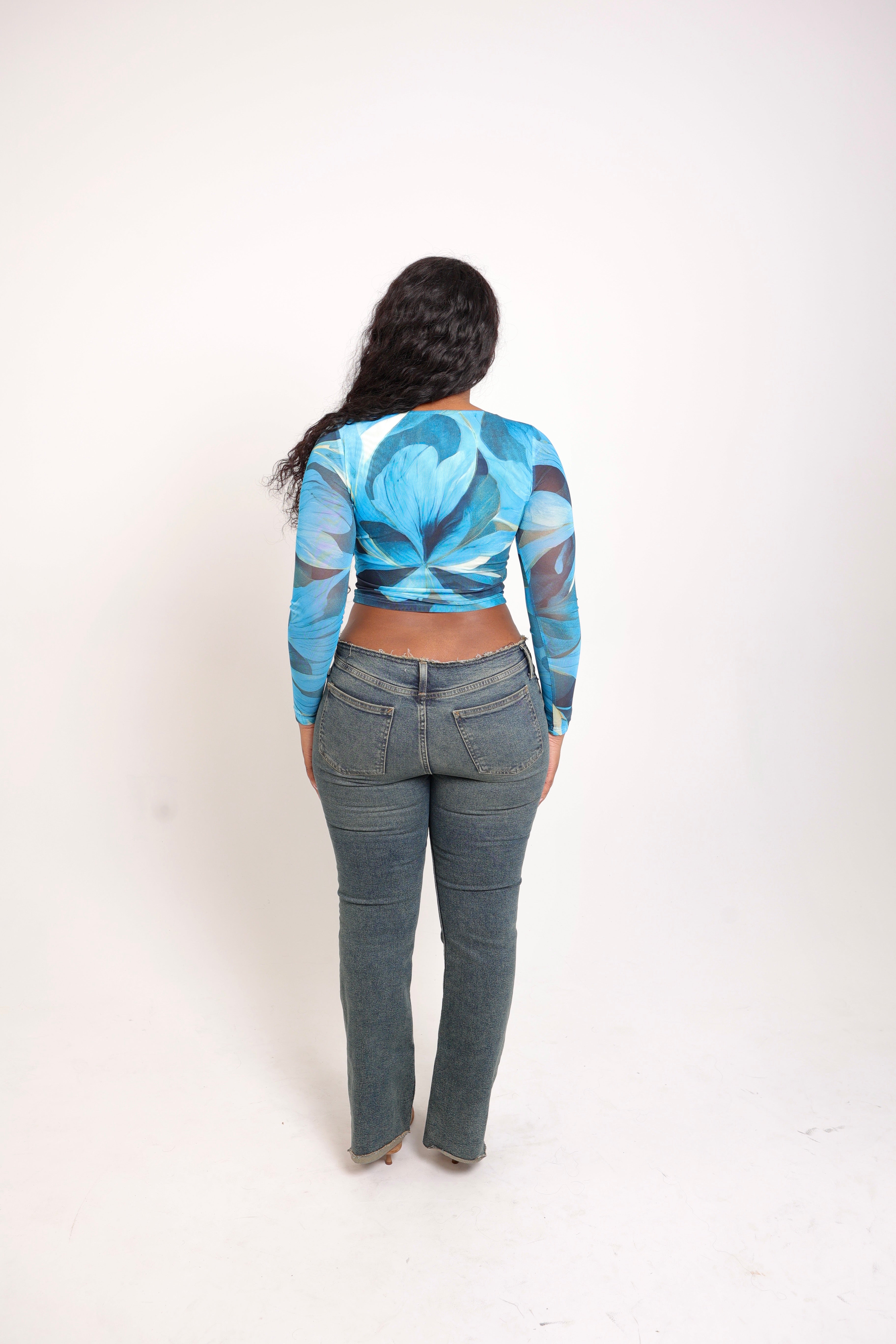 Fleur Long Sleeve Mesh Top - Blue Swirls
