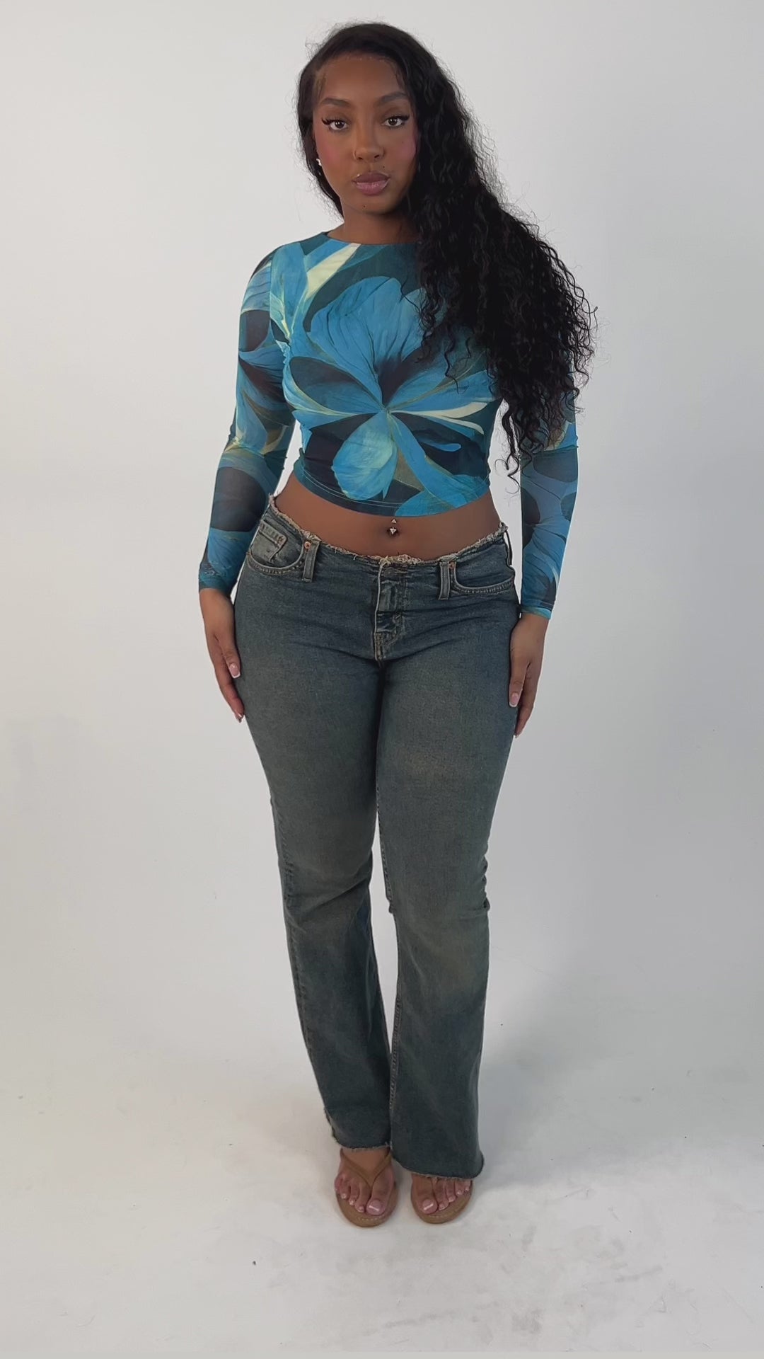Fleur Long Sleeve Mesh Top - Blue Swirls