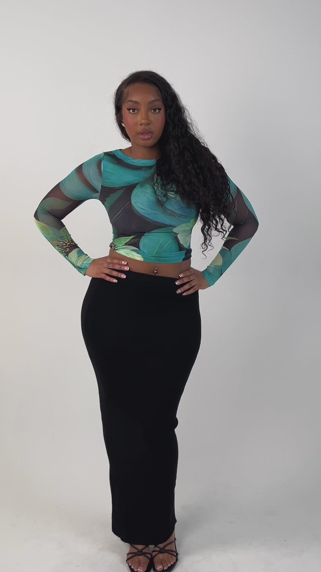 Fleur Long Sleeve Mesh Top - Ocean Lillies