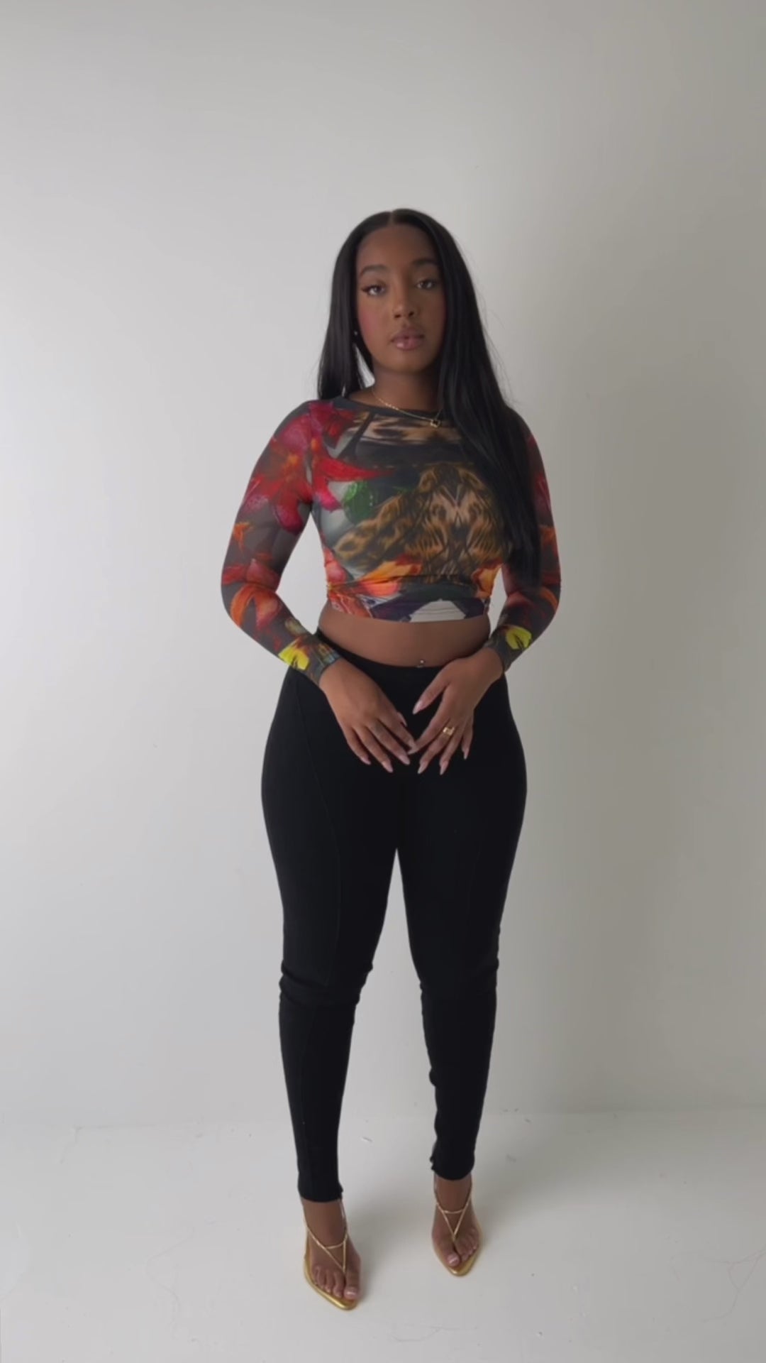 Fleur Long Sleeve Mesh Top - Midnight Blossom